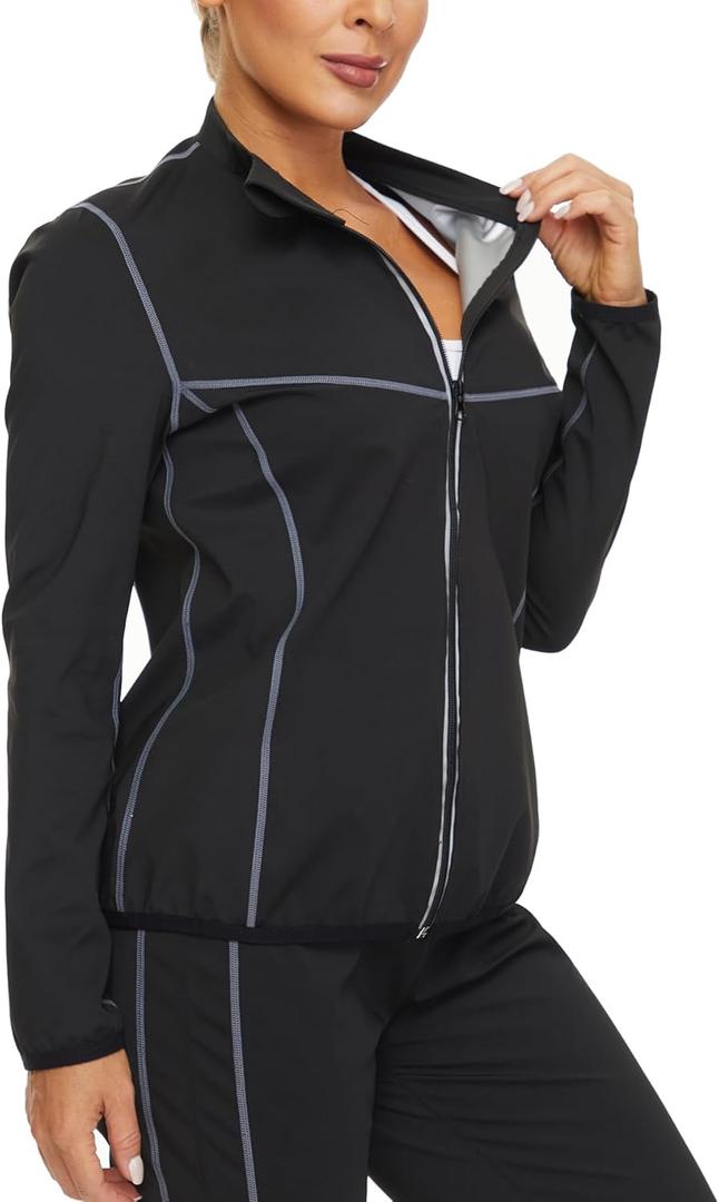 LAZAWG Women Sauna Long Sleeve Sweat Jacket with Zipper Sauna Top for Gym Running Fitness Exercise (Large)