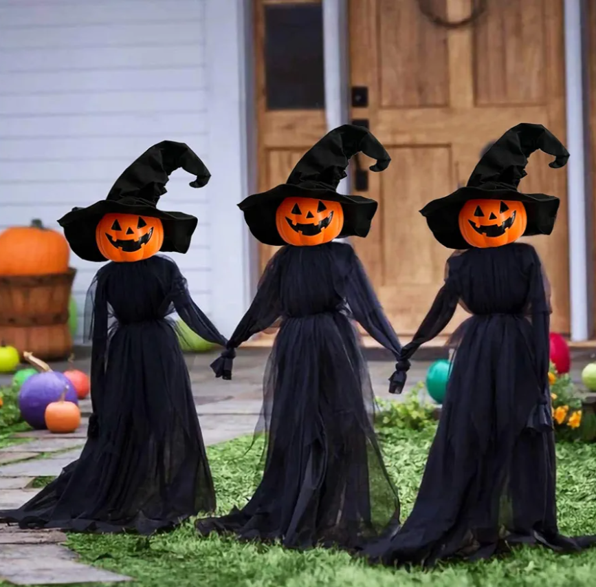 Halloween Decorations, Set of 3 Light Up Pumpkins Witches with Stakes，Voice Control Witch Glowing Head Waterproof for Outside Garden Statue Decoration Grass Lawn