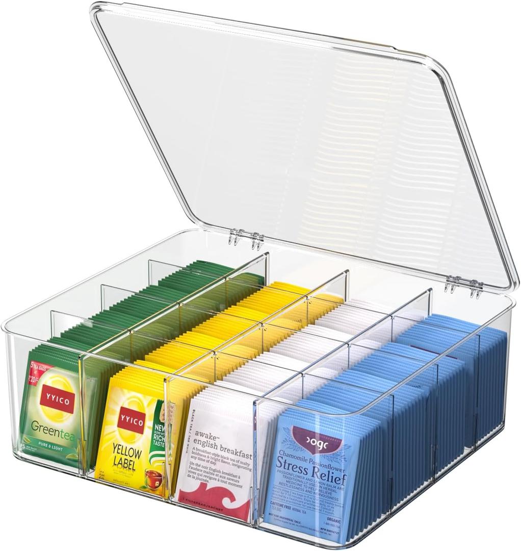 Tea Bags Organizer with Lids - Acrylic Tea Packet Organizer for Countertop Pantry, Stackable Clear Storage Box - Large