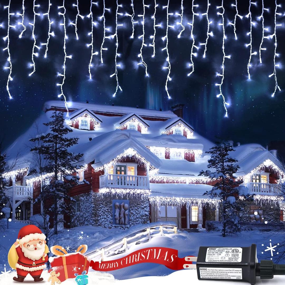 JMEXSUSS Christmas Icicle Lights for Outside: 800 LED White Icicle Lights Outdoor Waterproof - White Christmas String Lights for House Wedding Party Christmas Decoration (77.6FT)