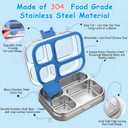 MISS BIG Stainless Steel Bento Box for Kids, 28oz 4 Compartments Lunch Box with Clear Lid, Lidded Sauce Cup and 50 Food Stickers, 304 Steel, BPA-Free, Dishwasher Safe for School (Blue)