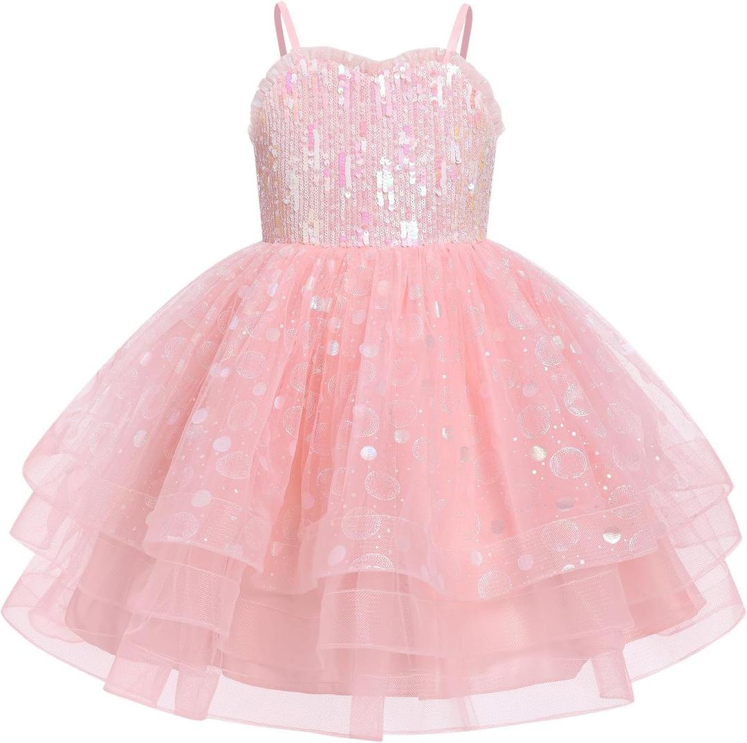 IMEKIS Toddler Kids Girls Fairy Dress Sparkle Sequins Tulle Pageant Party Birthday Princess Outfit 9-10 Years, Pink