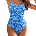 AI'MAGE Women's One Piece Swimsuits Tummy Control Bathing Suits Cutout High Cut Ruched Adjustable Strap Swimwear with O Ring, Blue Floral, M