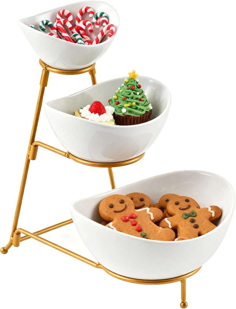 LYEOBOH 3 Tier Serving Bowls Set Tiered Serving Stand, Porcelain Oval Bowls with Collapsible Metal Stand for Entertaining, Party, Dessert Display, Candy, Chip and Dip (Gold)-45oz / 17.5oz / 7oz