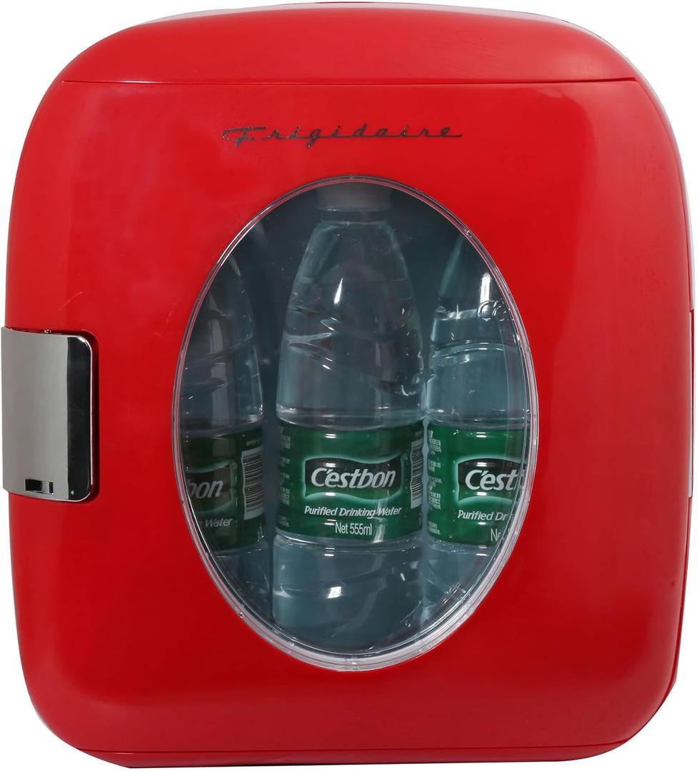 Frigidaire Retro Mini Personal Fridge Cooler, Holds 9L or 12 Cans, Portable for Car, Office, Bedroom, Dorm Room, or Cabin, Features Plugs for Home Outlet & 12V Car Charger - 10"D x 7"W x 10.5"H, Red