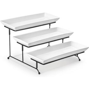 MALACASA 3 Tier Serving Tray, Porcelain Tiered Cupcake Stand, Ceramic Elevated Serving Platter with Collapsible Sturdier Rack, Series PLAT (White, 14 Inch)