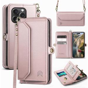DJBull for iPhone 16 Pro Max 6.9" Wallet Case with Card Holder, Shoulder and Wristlet Straps, Soft PU Leather, Magnetic Snap, Flip Phone Case for Women Men for Apple 16 Pro Max Rose Gold