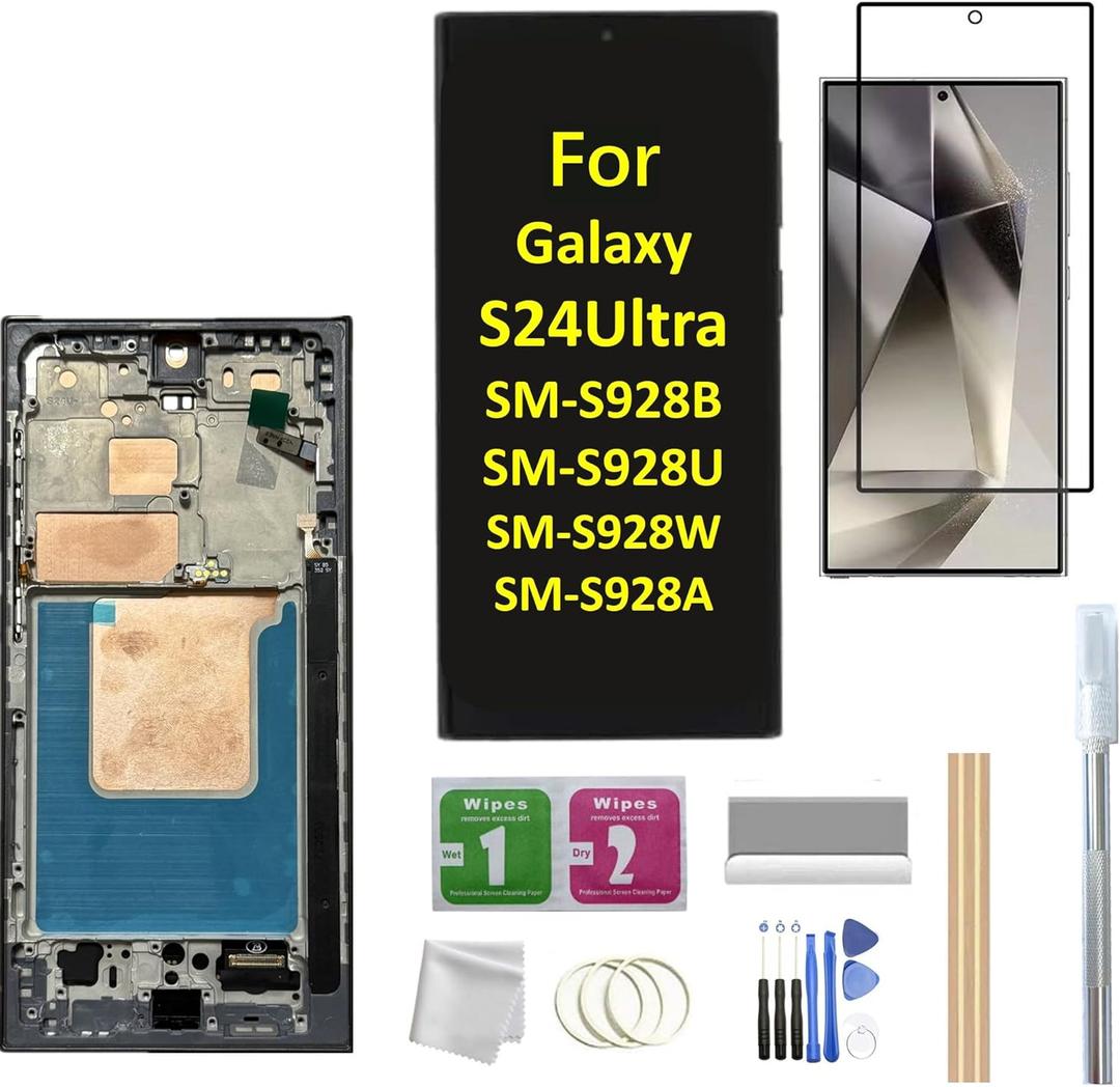 Galaxy S24 Ultra LCD Screen with Frame Replacement for Samsung Galaxy S24 Ultra SM-S928B SM-S928U SM-S928A LCD Screen Display Touch Digitizer with Frame+Tool (Black)