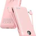 VRURC Portable Charger 20000mAh, Fast Charging Power Bank USB C,4 Output 2 Input Travel Essentials Charging Bank Equipped with LED Display,Built-in Wall Plug and Cables,Phone Charger Battery,Pink