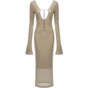 meilun Deep V Dress with Drawstring Long Sleeve Sequin Dress for Women Long Gown (Large, As Shown)