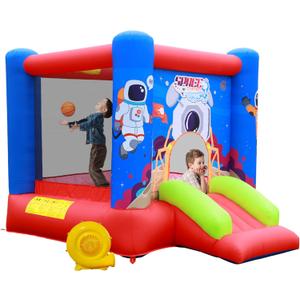 WELLFUNTIME Inflatable Bounce House Jumping Castle Slide with Blower, Kids Bouncer with Basketball Rim, 110x82.5x72.8 Inch Bouncy Castle