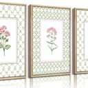 3PCS Green Plaid Pink Floral Wall Art Wildflower Baby Room Painting Picture Wall Decor Botanical Flower Boho Poster Print Artwork for Bedroom living room baby room children's room dining room Home Decoration (24L" x 16W")