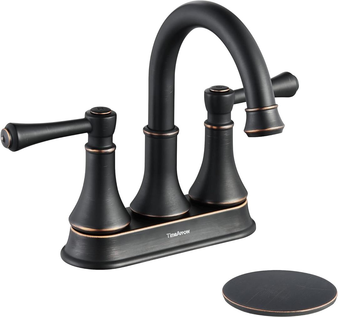 TimeArrow Oil Rubbed Bronze 2 Handle Centerset Bathroom Sink Faucet with Pop up Drain, High Arc Modern 4 Inch Bathroom Vanity Lavatory Faucet for 3 Holes with Brass 360 Swivel Spout, TAF067Y-ORB