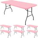 6 Pack Fitted Tablecloth for 8 Foot Rectangle Tables, Pink Elastic Outdoor Picnic Table Cover, Washable Stretch Folding Table Cloths 8 ft for Camping Party Patio Kitchen Banquet, 30" W x 96" L