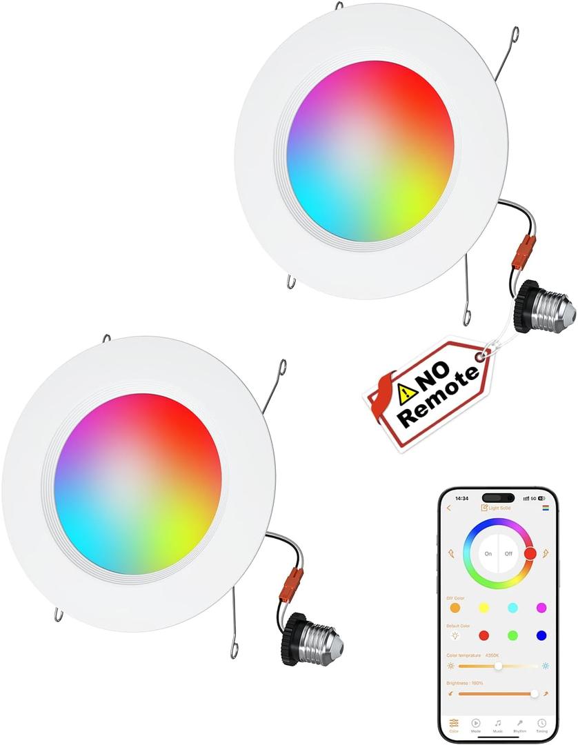 LED Recessed Lighting 5/6 inch, Smart Bluetooth Can Lights, 13W 1050LM, RGB Color Changing Selectable, Retrofit Led Recessed Light Fixtures Compatible with Alexa for Bedroom Living Room Kitchen, 2Pack