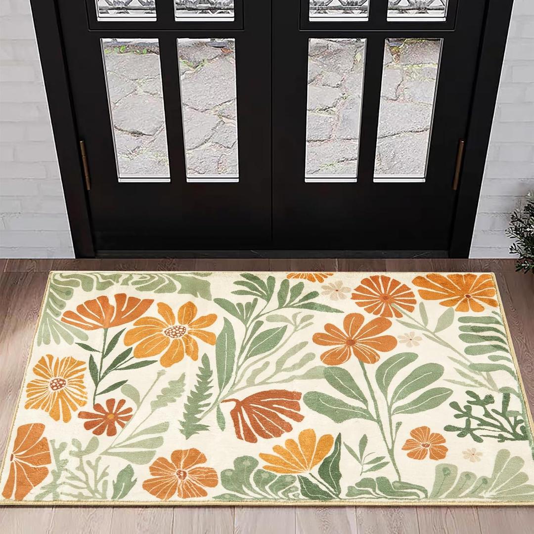 RoomTalks Colorful Floral Botanical 2x3 Small Area Rugs for Bathroom Kitchen Indoor Soft Aesthetic Entryway Rugs Washable, Modern Abstract Funky Boho Plants Cute Tropical Bathroom Rugs Non Slip (Green and Terracotta)