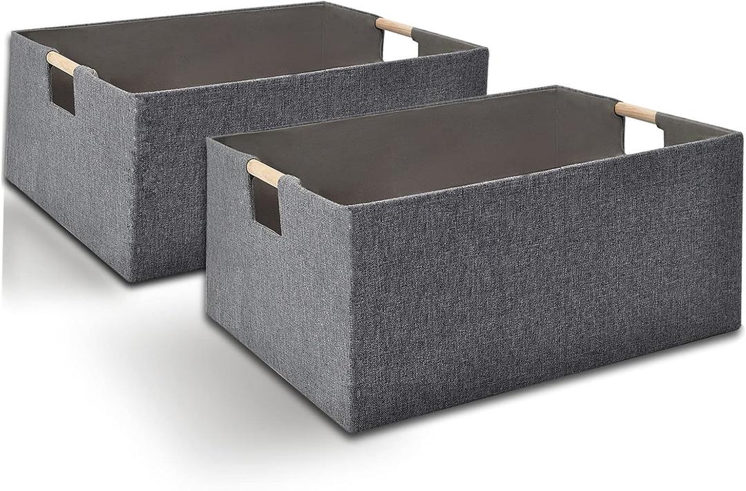 Storage Baskets Collapsible, Storage Bins with wood Handles, Robust Closet Storage Bins for Clothes Baskets Storage Organization for Books, Laundry, Home and Toy Organization (Grey 2 Pack)