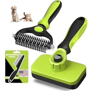 3PCS Self Cleaning Slicker Brush & Pet Grooming Rake & Flea Comb for Dogs, Cats and Horses | Double-Sided Dematting Comb & Skin Friendly Deshedding Grooming Tool (J-Green Black)