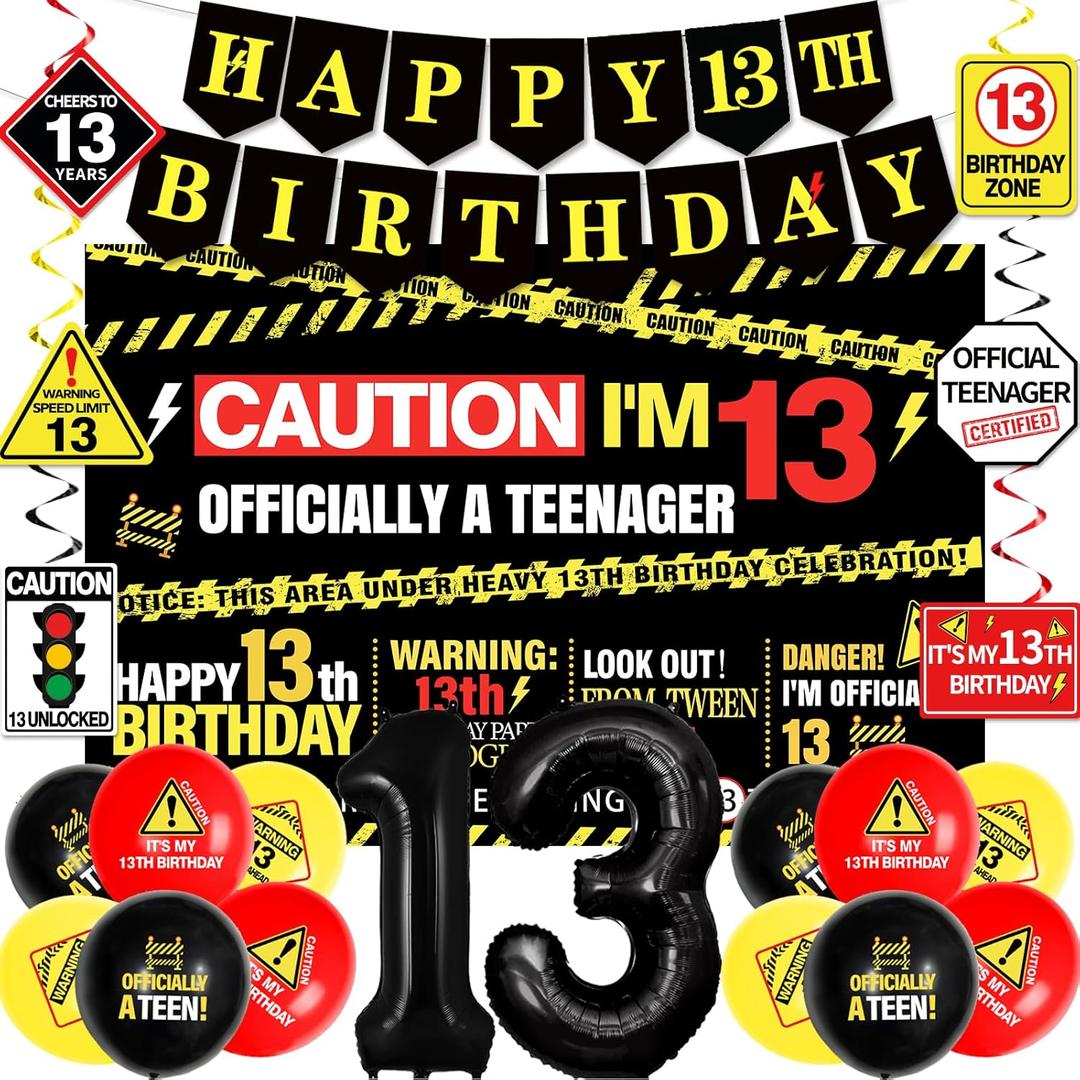 13th Birthday Decorations for Boys Girls, Caution Logos Happy 13th Birthday Party Decorations, 13th Birthday Banner, Foil Balloons 13, Backdrop, Balloons, Hanging Swirls, Birthday Cards Set 45pcs (13th Black Yellow Red)