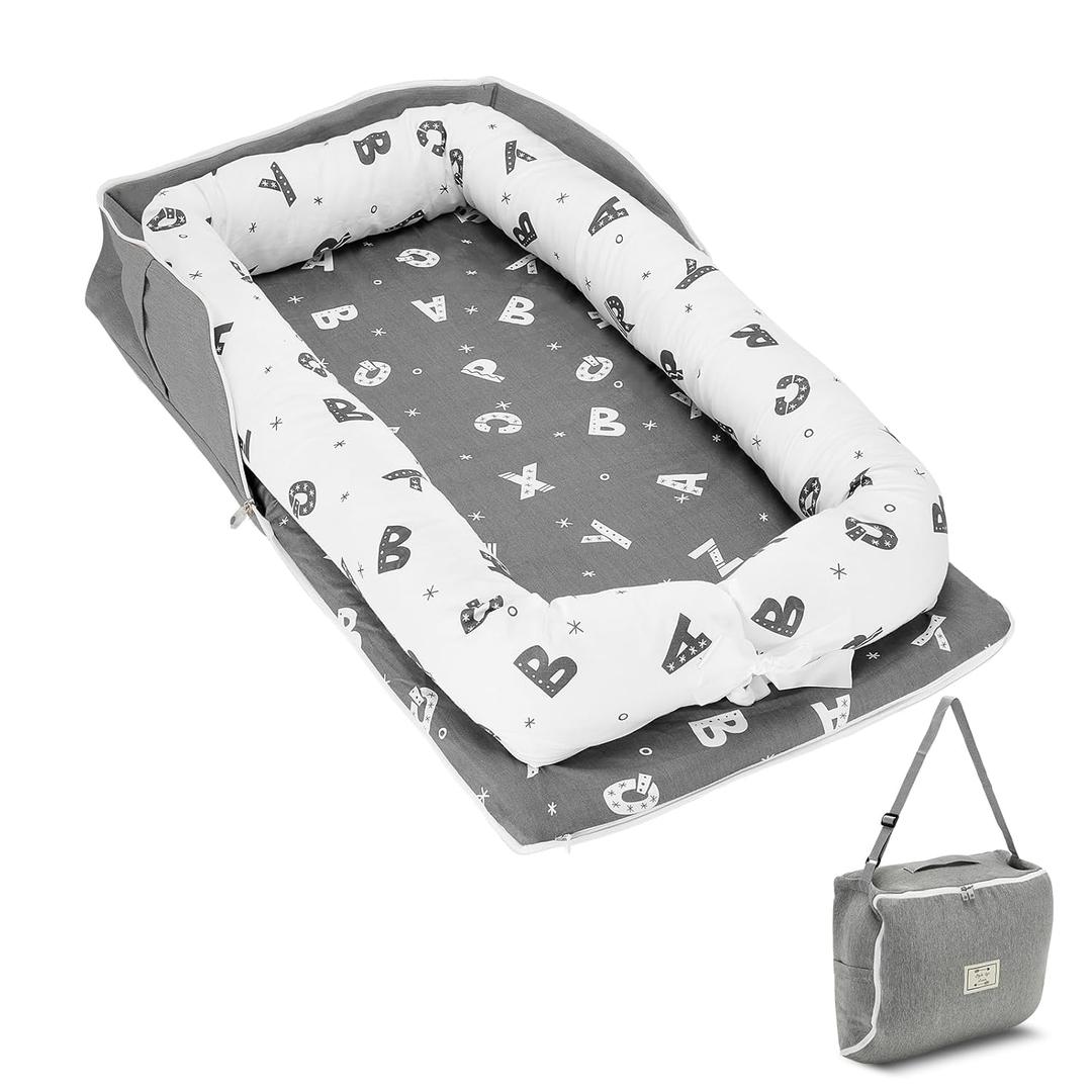 Baby Lounger 0-24 Months for Newborn to Toddler - Portable Baby Lounger for Travel with Cotton Infant Nest, Adjustable Safety Bumper & Baby Lounger Pillow - Letter Grey