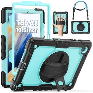 SEYMAC for Samsung Galaxy Tab A8 Case 10.5 (SM-X200/ X205/ X207), Heavy Duty Full-Body Shockproof Protective Case with Screen Protector, Rotating Stand, Hand/Shoulder Strap and Pen Holder, Sky Blue (Light Blue/ Black)