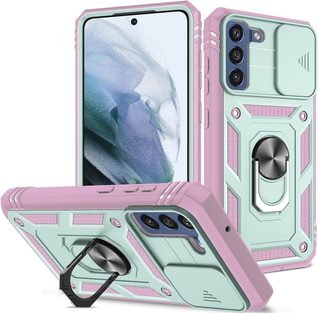 for Samsung Galaxy S21 FE 5G Case Military Grade Drop Shock Protection Cell Phone Cover with Slide Camera Cover Built-in 360 Rotate Ring Stand for S21 FE 5G 6.4 -Pink