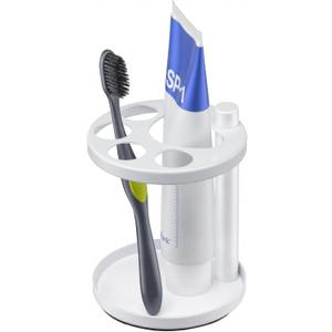 Metal Toothbrush Holder Stand for Bathroom: Stainless Steel Ventilated Organizer with Slots for Electric Toothbrushes, Toothpaste, Razors & Small Comb, Unique Footprint Base Design, White