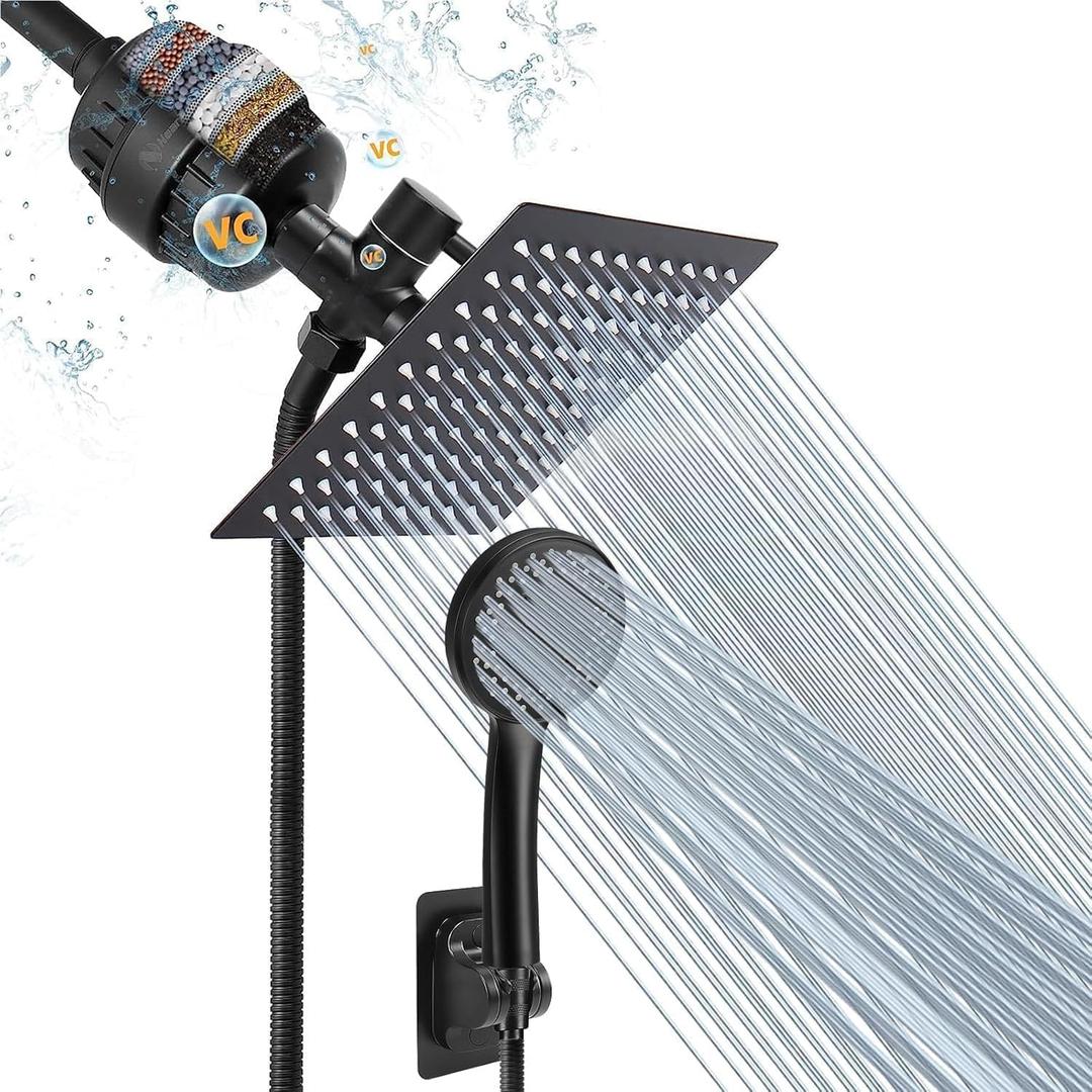 NearMoon Filtered Rain Shower Head, High Pressure 8Square, and 5 settings Handheld Shower Filter Combo with Self-adhesive Holder/1.5M Hose -1 Replaceable Filter Cartridge (Matte Black)