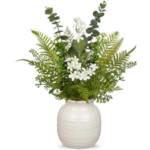 Artificial Floral Arrangement with Ceramic Vase - 15.4" Faux Greenery & White Flowers | Fern | Eucalyptus Leaves Fake Table Centerpiece in Vintage Vase for Home Office Living Room Bedroom Indoor Decor