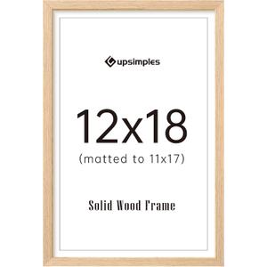 Upsimples 12x18 Frame, Natural Solid Wooden Picture Frames, Display 11x17 with Mat or 12 x 18 Without Mat, Vertical or Horizontal Wall Hanging, 1 Pack, Natural