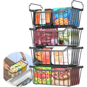 Goovilla Freezer Organizer Bins with Foldable Handle, 4 Pack Stackable Freezer Baskets for 3.5-7 Cu.FT Deep Chest Freezer Organization, Coated Metal Freezer Storage Bins with Better Space Utilization (Black)