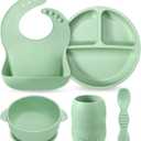 PandaEar Silicone Baby Feeding Set - 6-12 Months | LED Weaning Supplies - Bib + Plate with Suction + Cup + Bowls and Spoon (Green)