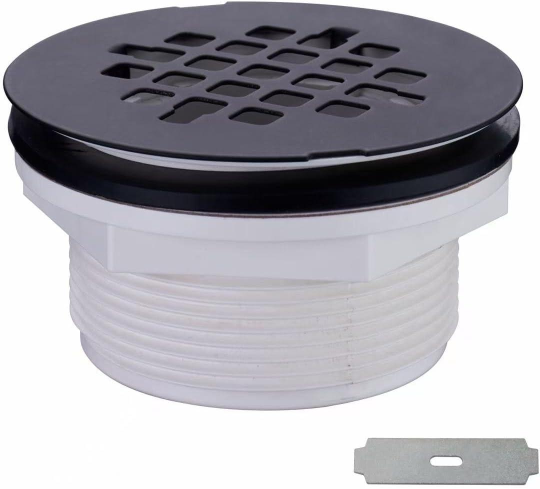 Black Shower Drain No Caulk PVC Compression Hidrop Shower Drain Kit with 4-1/4" Stainless Steel Round Grid Cover, Matte Black