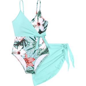 Girls Swimsuit One Piece Bathing Suit Tropical Floral with Adjustable Straps Girls'Swimwear with Cover Up 10-12T