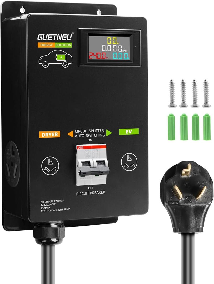 NEMA 10-30 (3 Prong) Dryer Splitter with Breaker - 240V Dryer Splitter for EV, Fast Charge for 2 EVs, Prioritizing Left-Side Power Supply