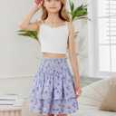 RoseSeek Girl's 2 Piece Outfits Lace Ruched Camisole Tops and Shirred High Waisted Layered Floral Skirts Set (Purple and White)