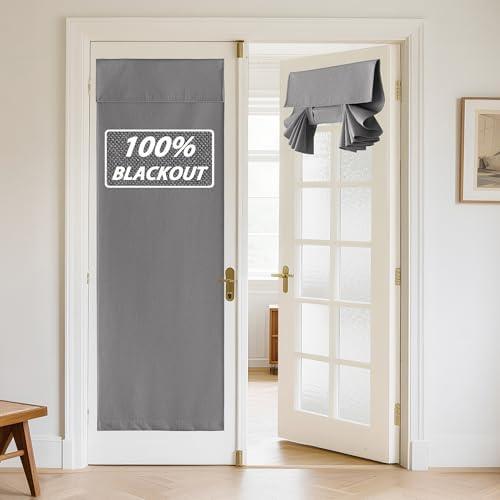 RYB HOME 100% Blackout Linen Door Window Curtains for French Door, Tricia Room Darkening Adhesive Privacy Assured Thermal Insulated Blinds for Kitchen Glass Window, W 26 x L 69, 1 Panel, Grey
