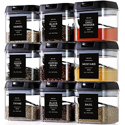 Spice Containers with Labels, 9 Pcs 16 Fl Oz Large Plastic Tea Storage Containers with 148 Spice Labels and 9 Spoons, Square Airtight Seasoning Containers Set with black Lids for Kitchen Pantry Coffee
