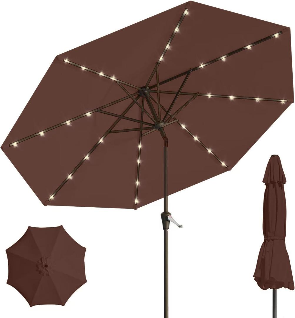 Patio Kingdom 9' Solar LED Patio Umbrella with Tilt & Crank|8 Sturdy Ribs, UV Protection, Outdoor Market Table Umbrella for Deck, Lawn, Pool, Backyard(Brown)