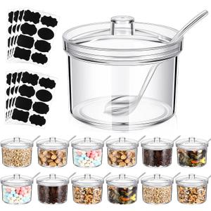 Tioncy 12 Pieces Acrylic Sugar Containers for Countertop Clear Sugar Holder Dispenser Salt Bowl with Lid and Spoon with Tag for Serving Condiment Candy Coffee Tea Spices Herbs (13.5 oz)