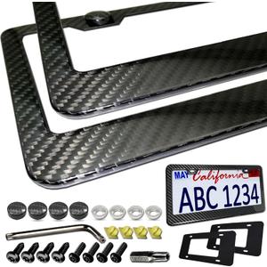BGGTMO Carbon Fiber License Plate Frames - 100% Real Carbon Cloth Wrapped Stainless Steel Metal, Slim Car Tag Holder with Anti-Theft Screws & Caps (2 Pack 2 Hole)