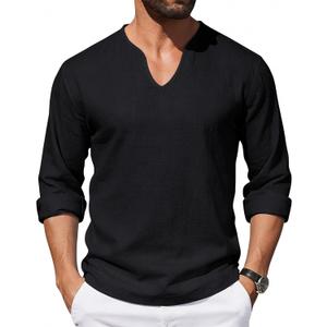 Men's Cotton Linen V Neck Shirt Casual Long Sleeve Summer Beach Yoga Tops Loose Fit Lightweight Hippie Outfits, Medium