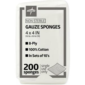 Medline 4 x 4 inch Gauze Sponges, 100% Cotton, 8-Ply Woven Non-Sterile Gauze (Pack of 200)