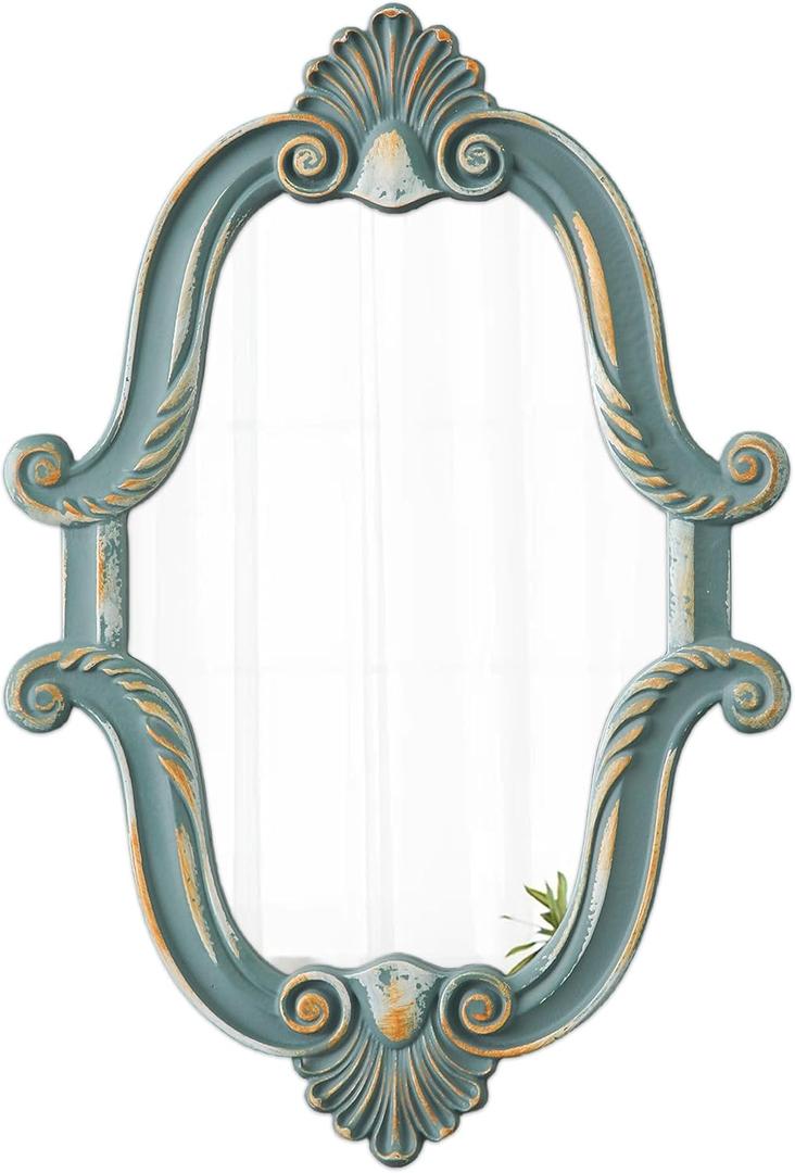 Vintage Oval Mirrors for Wall Decor 16 x 23 inch, Hanging Distressed Small Turquoise Wall Art, Rustic Blue Scalloped Wood Mirror for Entryway Bathroom Living Room, Horizontal or Vertical
