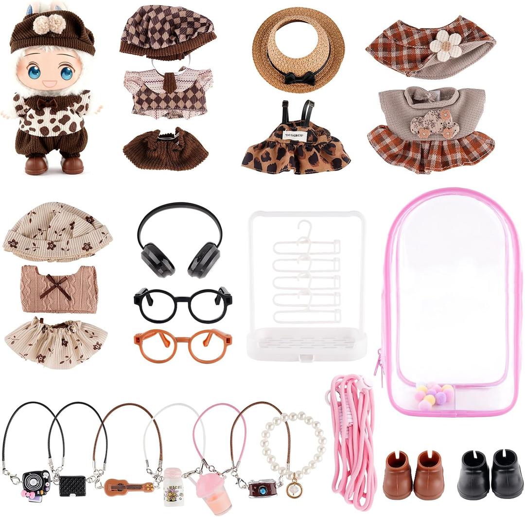 Labubu Clothes Set with Display Stand & Bag, 24-piece Clothes and Accessories, 6.7 Inch Labubu Doll Clothes Set, Display Bag, Clothes Rack, Headphones, Camera, Glasses, Shoes, 7 Necklaces