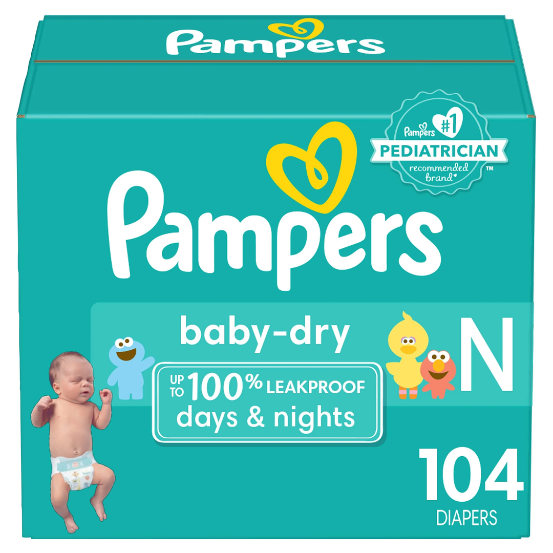Pampers Diapers Baby Dry Size 0, 104 Count, Absorbent Disposable Newbort Diaper 