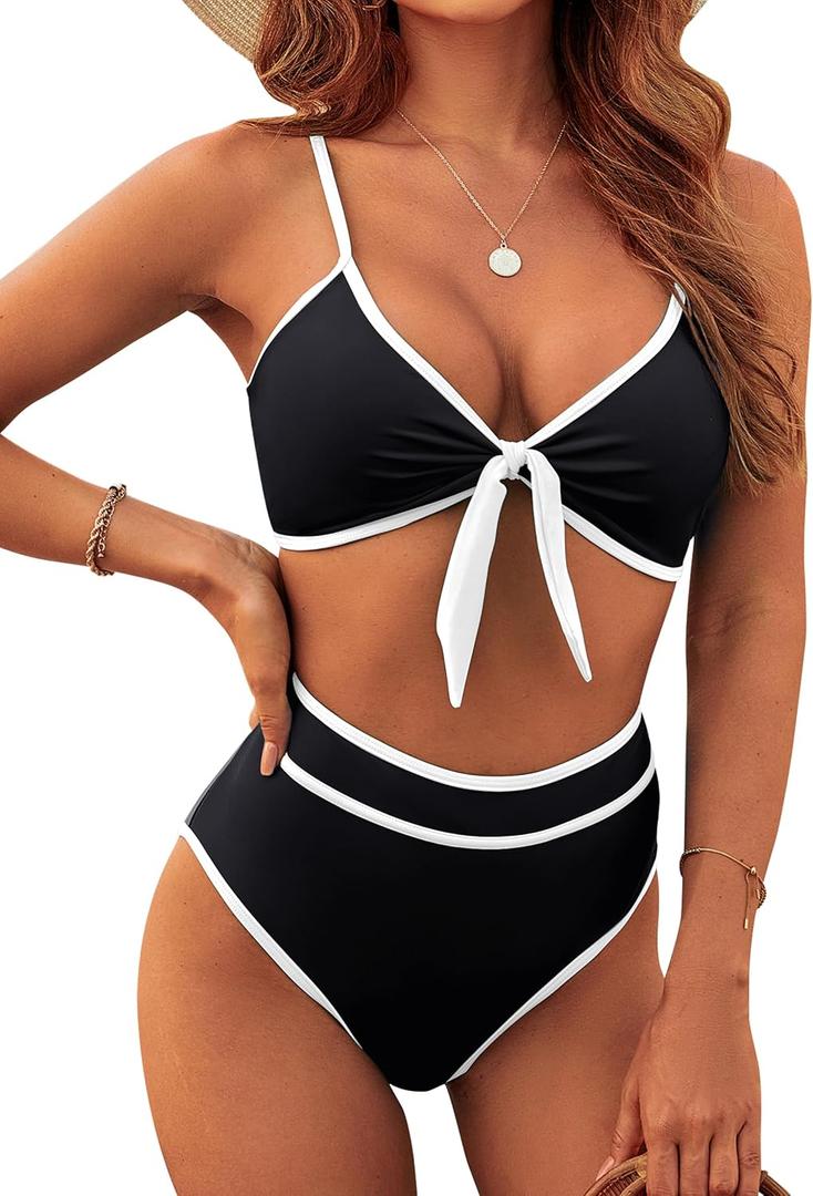 Blooming Jelly Womens High Waisted Bikini Set Tie Knot High Rise Two Piece Swimsuits Bathing Suits (Large, New Colorblock Black)