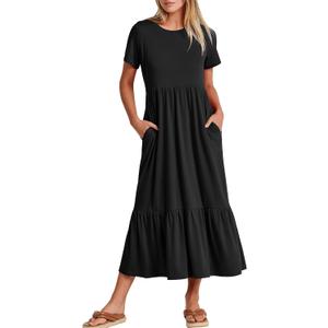 ANRABESS Womens 2025 Summer Casual Maxi Dress A line Tiered Flowy Short Sleeve Crewneck T Shirt Beach Travel Long Dresses Black X-Large