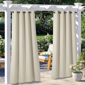 NICETOWN 2 Panels Weighted Patio Outdoor Curtains 95 inch Length, Home Fashion Microfiber Thermal Insulated Silver Stainless Steel Grommet Room Darkening Drapes for Terrace, Beige, W52 x L95
