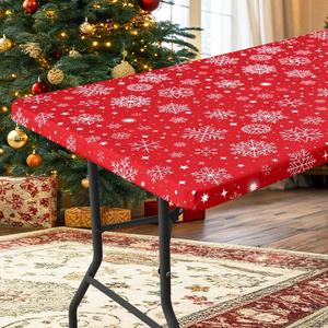 homing Rectangle Table Cloth Cover, Waterproof Polyester Elastic Fitted Tablecloth, Fits for 6 Foot Folding Tables, Washable Table Protector for Picnic, Camping, Easter (Snowflakes, 30" x 72")